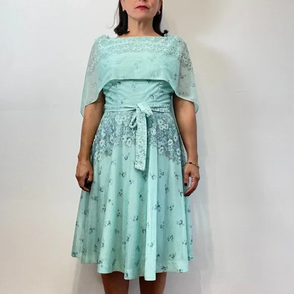 Vintage FRANCIS GALE 70s Aquamarine Floral Print Cape Dress - Size S/M - Picture 7 of 16